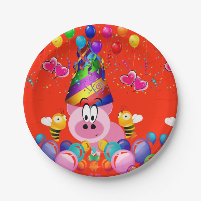 Paper Plates, Happy Birthday Pink Pig Bumblebee Plates (Front)