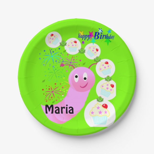 Paper Plates, Happy Birthday Pink Worm Cupcakes Paper Plates (Front)