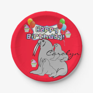 Paper Plates, Happy Birthday Seal Balloons Red Plates
