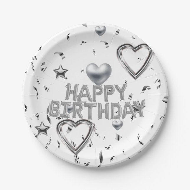 Paper Plates, Happy Birthday Silver Hearts Paper Plates (Front)