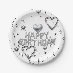 Paper Plates, Happy Birthday Silver Hearts Plates
