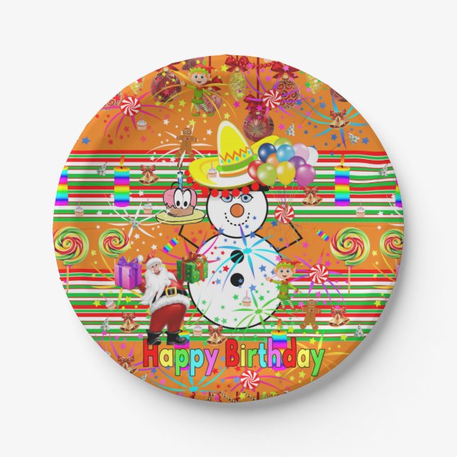 Paper Plates, Happy Birthday Snowman Christmas Paper Plates (Front)