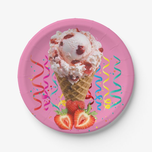 Paper Plates, Happy Birthday Strawberry Ice Cream Paper Plates (Front)