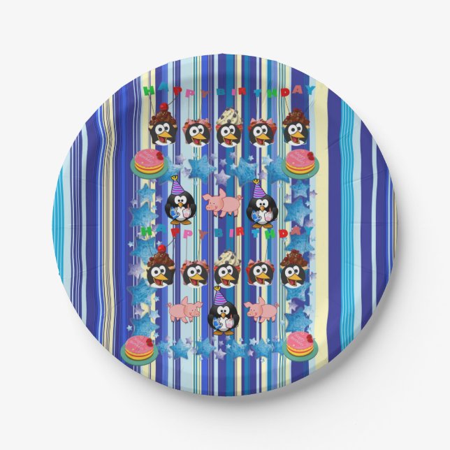 Paper Plates, Happy Birthday Stripe Penguin Paper Plates (Front)