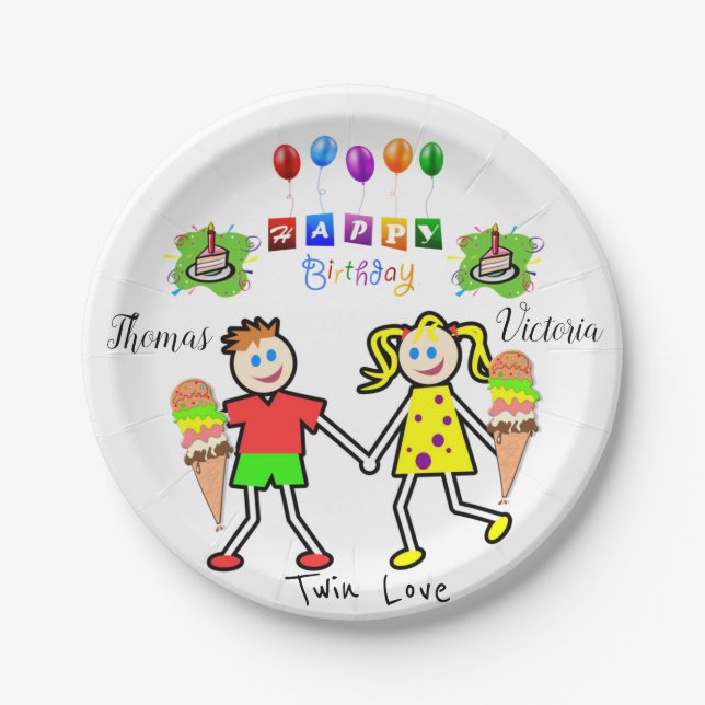Paper Plates, Happy Birthday Twins Paper Plates (Front)