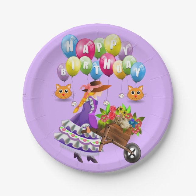 Paper Plates, Happy Birthday Victorian Kitten Plates (Front)