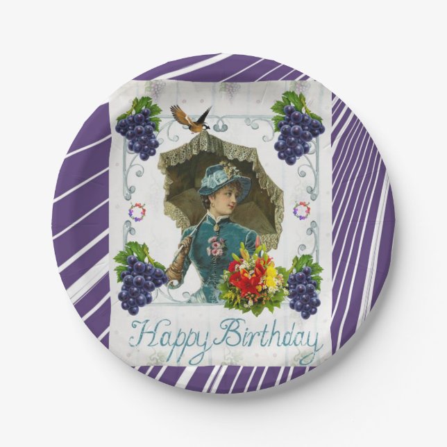 Paper Plates, Happy Birthday Victorian Stripe Paper Plates (Front)