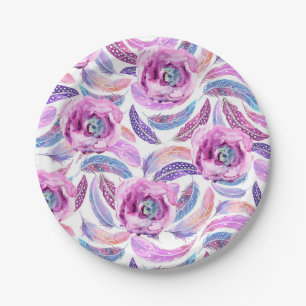 Paper Plates in Lavender with Feathers & Flowers
