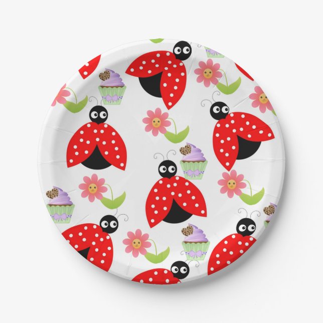 Paper Plates, Ladybug Cupcake Floral Flowers Plates (Front)