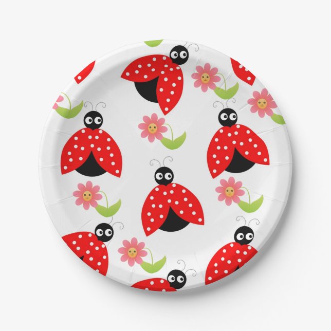 Paper Plates, Ladybug Floral Flowers Paper Plates (Front)