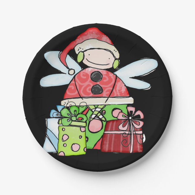 Paper Plates, Merry Christmas Angel Santa Black Plates (Front)