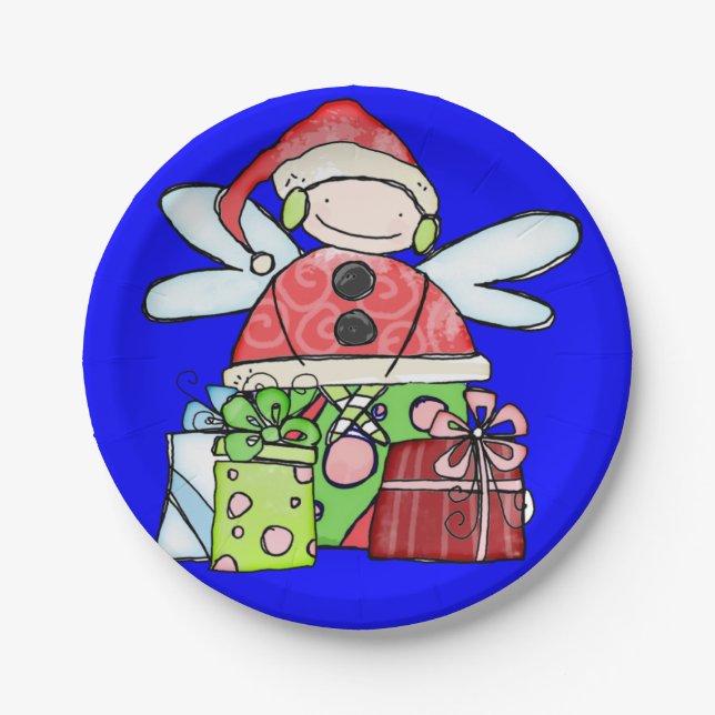Paper Plates, Merry Christmas Angel Santa Blue Paper Plates (Front)