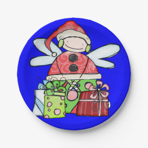 Paper Plates, Merry Christmas Angel Santa Blue Plates