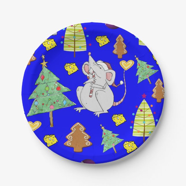 Paper Plates, Merry Christmas Blue Mouse Cheese Paper Plates (Front)