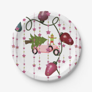 Paper Plates, Merry Christmas Pink Car Elf Plates