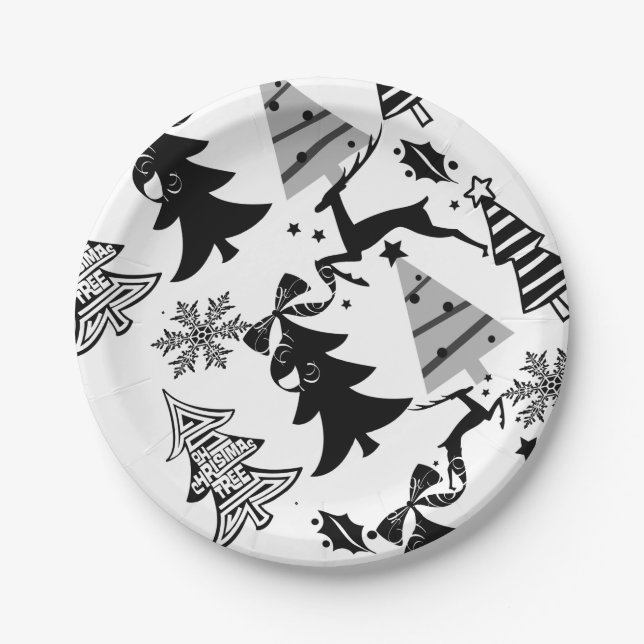 Paper Plates, Merry Christmas Silver Black Gray  Paper Plates (Front)