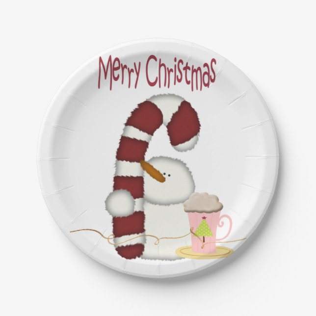Paper Plates, Merry Christmas Snowman Cappuccino  Paper Plates (Front)