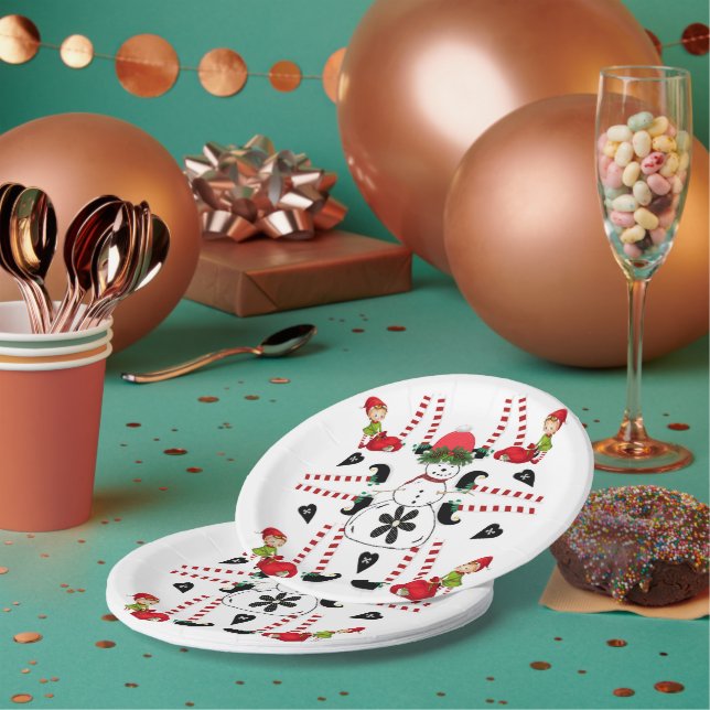 Paper Plates, Merry Christmas Snowman Elf  Plates (Multi)