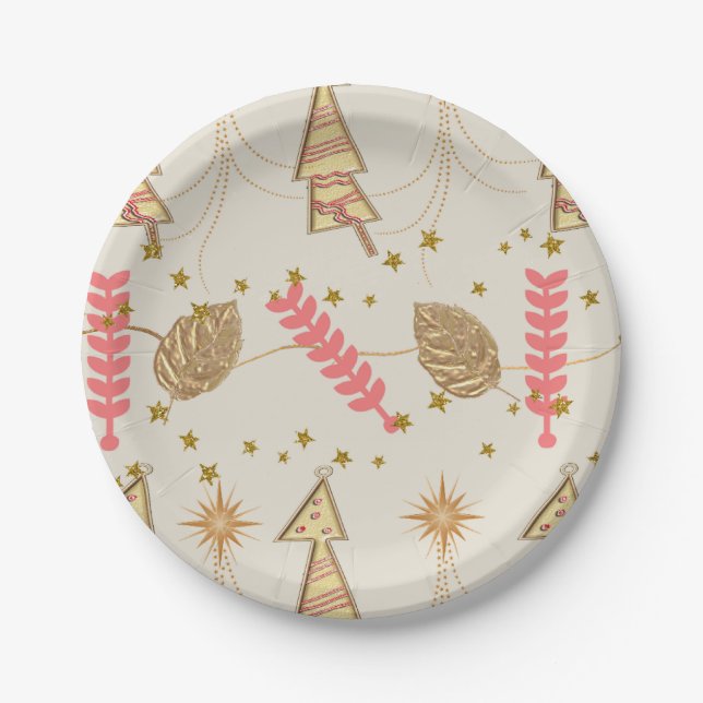 Paper Plates, Merry Christmas Trees Beige Gold Paper Plates (Front)