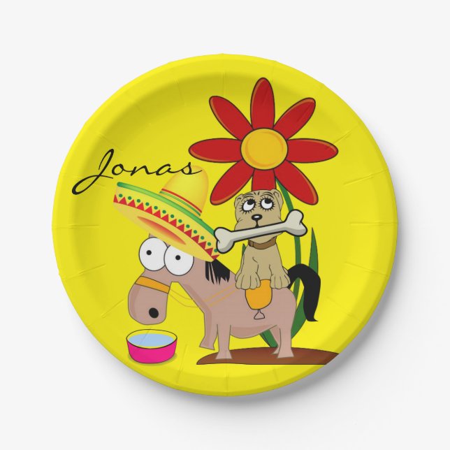 Paper Plates, Mexican Donkey Sombrero Dog Yellow Plates (Front)