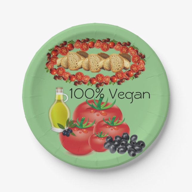 Paper Plates, Olives Olive Oil, Tomato, 100% Vegan Plates (Front)