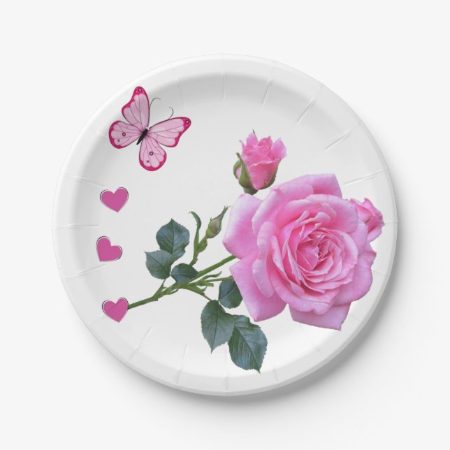 Paper Plates, Pink Rose Floral Butterfly Hearts Paper Plates (Front)