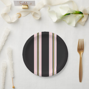 Paper Plates, Pink & White Gold Black Stripe Plates
