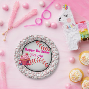 Paper Plates, Pink  White Stripe Birthday Baseball Plates