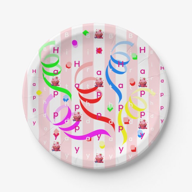 Paper Plates, Pink & White Stripe Birthday Plates (Front)