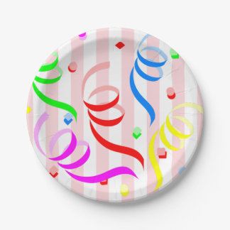 Paper Plates,  Pink & White Stripe Confetti Plates