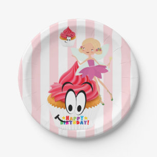Paper Plates, Pink & White Stripe Fairy Birthday Paper Plates