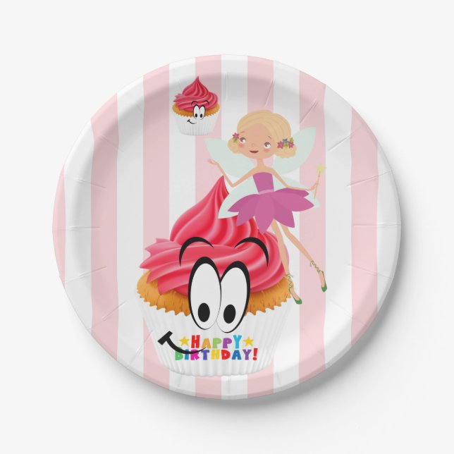 Paper Plates, Pink & White Stripe Fairy Birthday Paper Plates (Front)