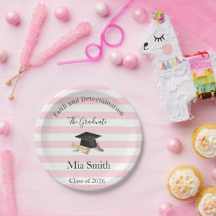 Paper Plates, Pink & White Stripe Graduate 2026 Plates