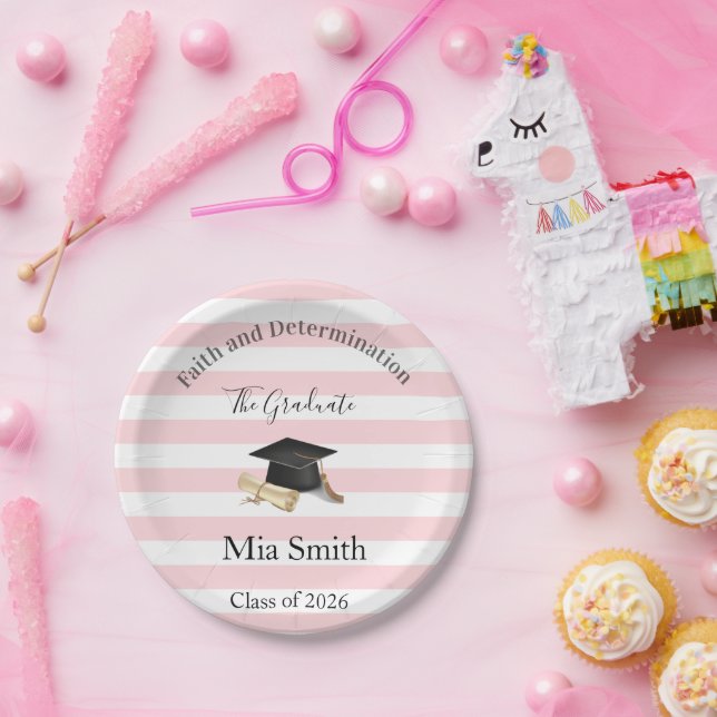 Paper Plates, Pink & White Stripe Graduate 2026 Plates (Party)
