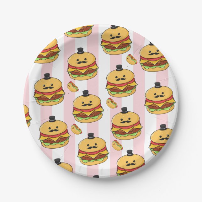 Paper Plates, Pink & White Stripe Hotdog Hamburger Plates (Front)