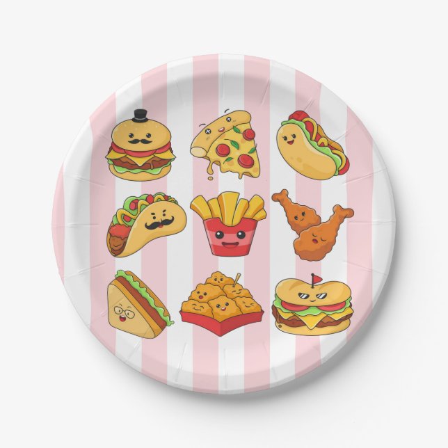 Paper Plates, Pink & White Tacos Stripe  Paper Plates (Front)
