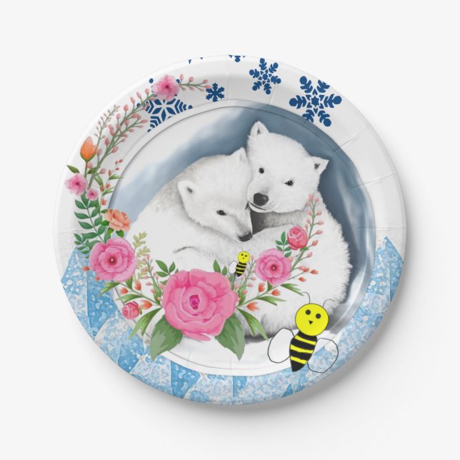 Paper Plates, Polar Bear Floral Flowers Bumblebee Plates (Front)