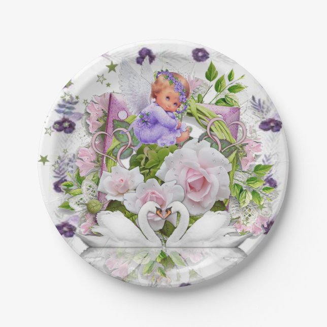 Paper Plates, Purple Baby Angel Floral Flowers Plates (Front)