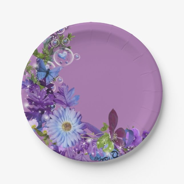 Paper Plates, Purple Floral Flowers Paper Plates (Front)