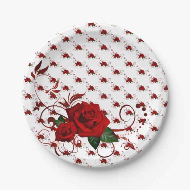 Paper Plates,  Red Rose Floral Paper Plates (Front)