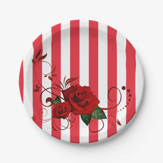 Paper Plates, Red & White Stripe Red Rose Floral Plates (Front)