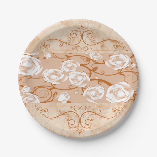 Paper Plates, Rose Marble Floral Flowers Paper Plates (Front)