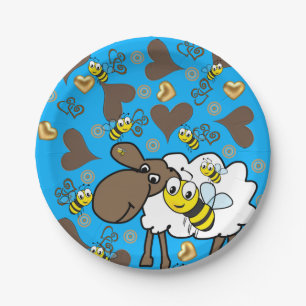 Paper Plates, Sheep Bee Brown Hearts Blue Plates