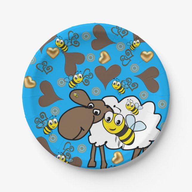 Paper Plates, Sheep Bee Brown Hearts Blue Plates (Front)