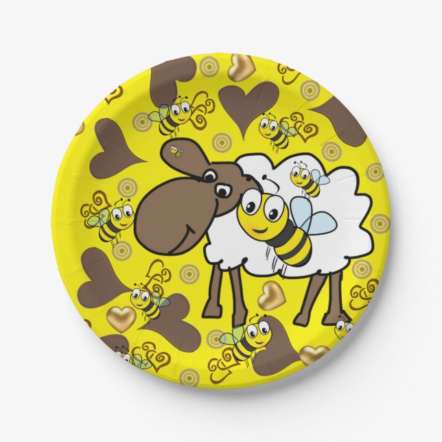 Paper Plates, Sheep Bumblebee Brown Hearts Yellow Plates (Front)