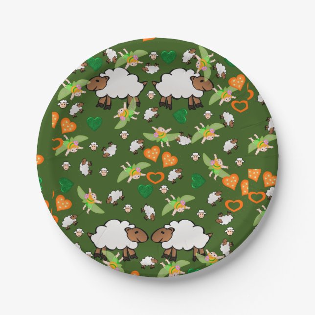 Paper Plates, Sheep Fairy Orange Green Hearts Plates (Front)