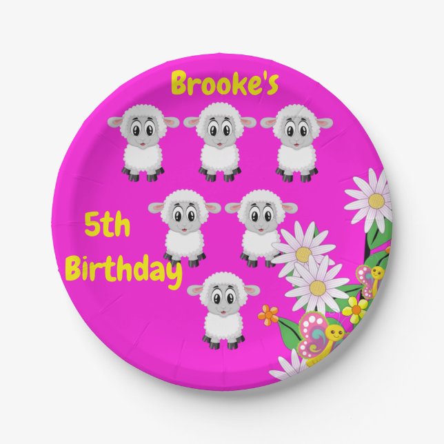 Paper Plates, Sheep Floral 5th Birthday Paper Plates (Front)