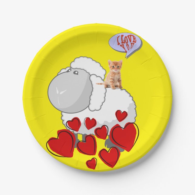 Paper Plates, Sheep Kittens Red Hearts Paper Plates (Front)