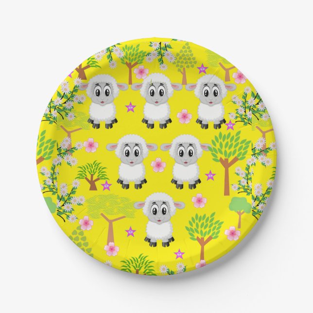 Paper Plates, Sheep Trees Floral Yellow Paper Plates (Front)