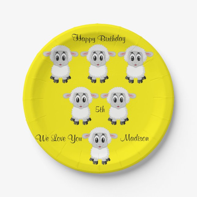 Paper Plates, Sheep Yellow Happy Birthday 5th Paper Plates (Front)